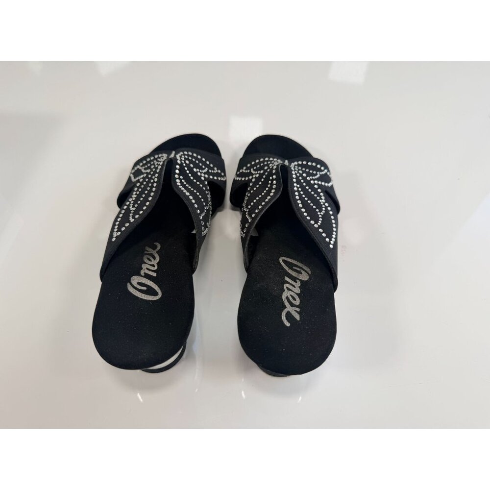 NEW Onex Rhinestone Butterfly Black Silver Chrome Wedge Heel Sandal 7M - Picture 10 of 12